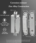180 Degree Concealed Hidden Door Hinges Heavy Duty Zinc Alloy Invisible Pivot Hardware Corrosion Resistant Handles with dimensions and details.