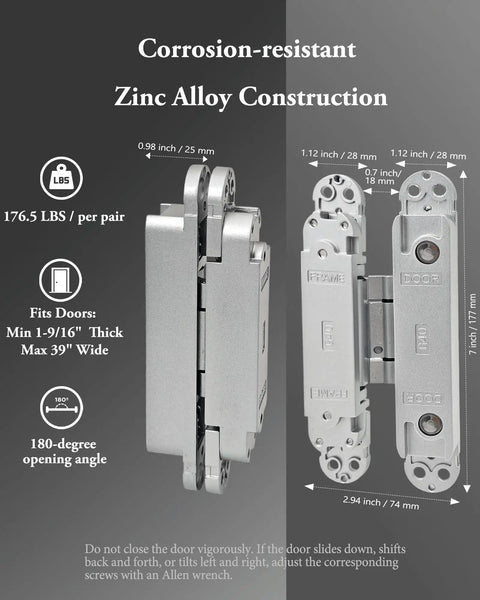 180 Degree Concealed Hidden Door Hinges Heavy Duty Zinc Alloy Invisible Pivot Hardware Corrosion Resistant Handles with dimensions and details.