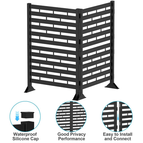 12 Pack Plastic Fence Panels Privacy Screen for backyard patio balcony, black, L-shaped setup with silicone caps and easy install