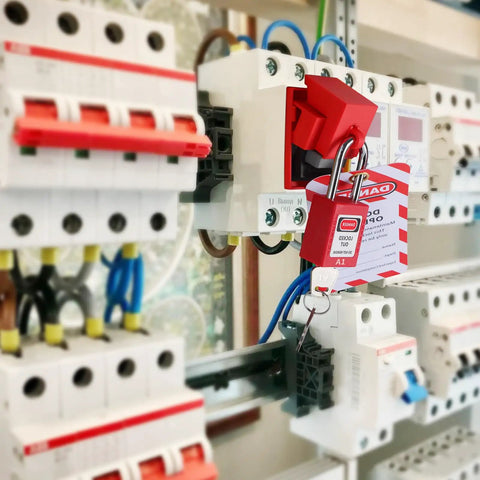 Pro Grade Electrical Lockout Tagout Kit With Three Safety Locks Two Circuit Breaker Locks installed on a power panel