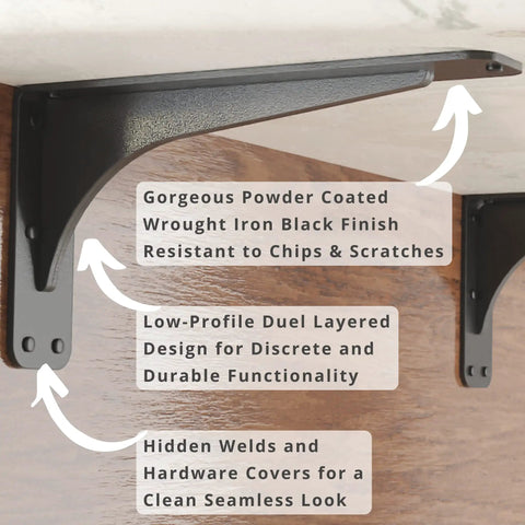 Gladiator Series Sleek Yet Steady Heavy Duty Welded 500 Lb Low Profile Granite Countertop Support Shelf Brackets showing discrete design and hidden welds, 7x13x2.5 inches.