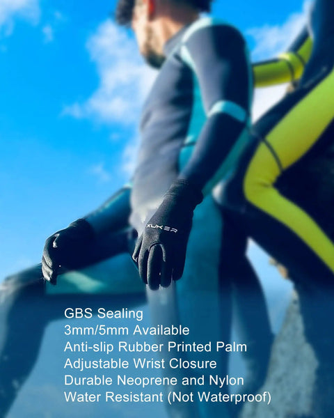 Person wearing Five Finger Neoprene Water Gloves 3mm and 5mm Warm Wetsuit Gloves for Scuba Diving Snorkeling Paddling Surfing Size Medium
