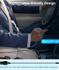 Road Ready Dual Port Usb Car Charger Two Pack Four Point Eight Amps Fast Charging Adapter Compatible With Smartphones Plug Straight Into Cigarette Lighter, in use inside a car with blue LED light.