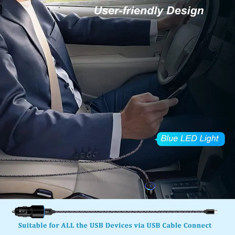 Road Ready Dual Port Usb Car Charger Two Pack Four Point Eight Amps Fast Charging Adapter Compatible With Smartphones Plug Straight Into Cigarette Lighter, in use inside a car with blue LED light.