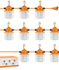 100Ft LED Construction String Lights 150W Industrial Grade With 15000LM 5000K Daylight IP65 Linkable, 10 bulbs, box visible