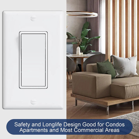 Single Pole Decorator Wall Switch With Wall Plate 15A 120V 277V On Off Paddle Switch Residential Grade UL Listed White Finish