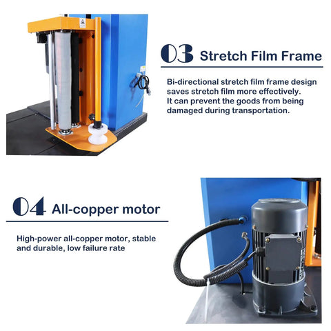 Heavy Duty Pallet Wrapping Machine 4409 Lbs Load Capacity Smooth 64 Inch Turntable showing stretch film frame and all-copper motor.