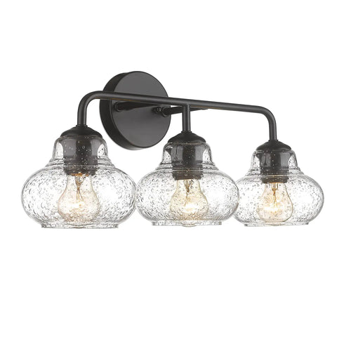 Dope Three Light Farmhouse Style Bathroom Vanity Light With Globe Bubble Glass Shades in industrial matte black wall mount sconce.