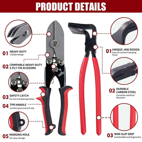 Pro Grade HVAC Sheet Metal Tools Set including 10.5 inch 5-blade crimping tool and durable carbon steel hand seamers with safety latch.