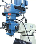Shop Ready Heavy Duty Vertical Mill With Step Pulley And 120V Single Phase Motor features detailed headstock and adjustable controls.