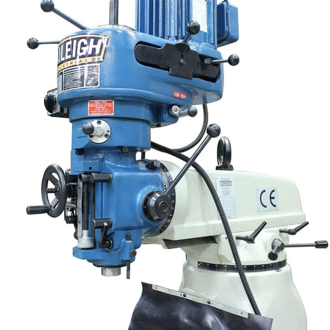 Shop Ready Heavy Duty Vertical Mill With Step Pulley And 120V Single Phase Motor features detailed headstock and adjustable controls.
