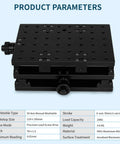 XY Axis Manual Stage With Precision Lead Screw Drive, anodized black 210x150mm, 20kg capacity, product parameters view
