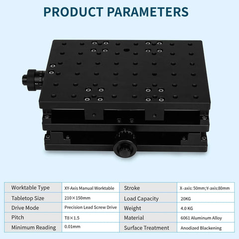XY Axis Manual Stage With Precision Lead Screw Drive, anodized black 210x150mm, 20kg capacity, product parameters view