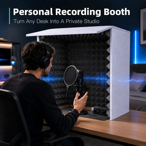 28 Inch Portable Vocal Booth Foldable Soundproof Recording Chamber With 2 Inch Acoustic Foam Shreds 96 Percent Of Noise Folds Flat To 7 Inches Lightweight Setup For On The Go Creatives Slay Your Podcasts And Singing Sessions Anywhere With Instant Studio, man using microphone in recording booth.