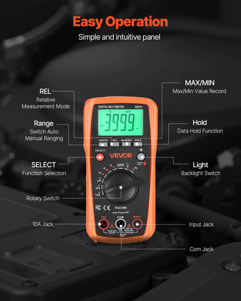 All In One Digital Multimeter With 4000 Count TRMS Readouts for DC and AC Voltage and Current on engine component