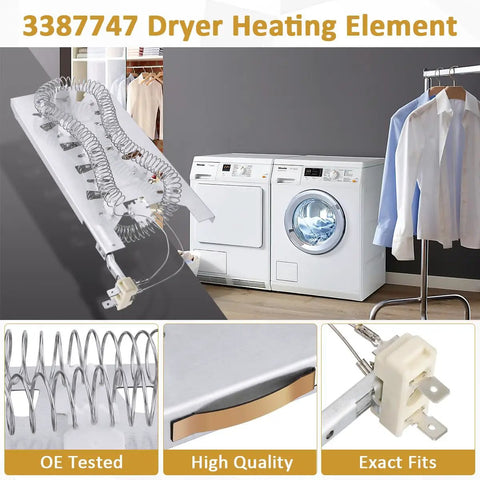 5400 Watt 240 Volt Dryer Heating Element Replacement For Major Brands Like Kenmore Amana Jenn Air Magic Chef Maytag AP6008281 3387747 Non OEM Replacement Part, shown with laundry machines background