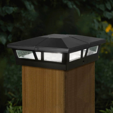 Solar Post Cap Light For 5x5 To 6x6 Posts Black Aluminum Auto On Off Weatherproof Outdoor Accent Bright LEDs on wood post