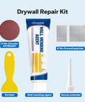 Drywall Repair Kit 4.2oz Spackle With Patch Patches Sandpaper And Scraper For Quick And Easy Hole Fix On Walls DIY Patch Job Includes Nozzle Extender Now, showing wall mending agent, scraper, sandpaper, drywall patches, and nozzle extender.