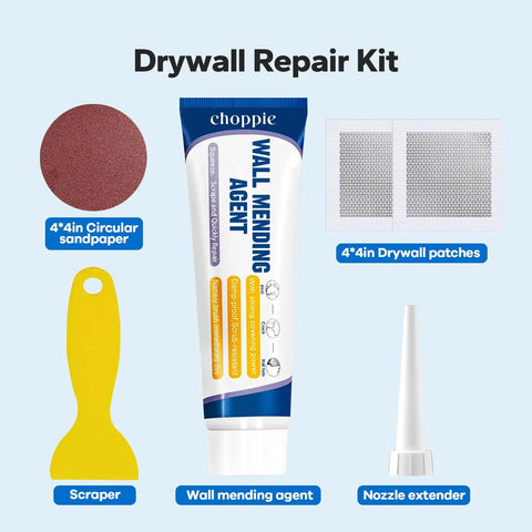 Drywall Repair Kit 4.2oz Spackle With Patch Patches Sandpaper And Scraper For Quick And Easy Hole Fix On Walls DIY Patch Job Includes Nozzle Extender Now, showing wall mending agent, scraper, sandpaper, drywall patches, and nozzle extender.