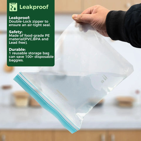 24 Pack Reusable Food Storage Bags Dishwasher Safe Microwave Safe BPA Free Freezer Bags for Easy Meal Prep, shown held by hand