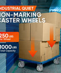 Heavy Duty 3 Inch Caster Wheels With Top Lock Brake Industrial Plate Mount 50 Pack on a cart carrying boxes.