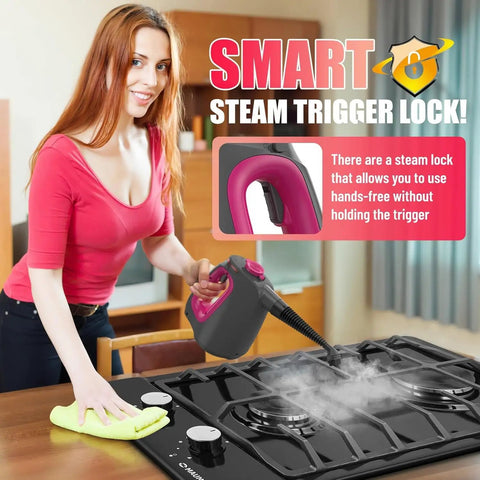 Woman using Heavy Duty Handheld Steam Cleaner With Lockable Steam Button And 11 Accessories Unlimited Water Refill