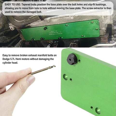 Heavy Duty Exhaust Manifold Drill Template Bolt Removal Tool Kit For Dodge 5.7L Hemi And Ram 1500 with tapered bolts and drill bit.