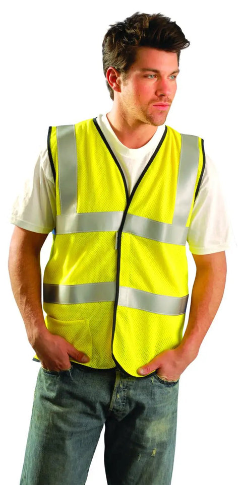 Flame Resistant Mesh Vest With Dual Stripe ANSI Class 2 Arc Rating ATPV 5.1 Cals Per Cm2 Modacrylic Fabric Yellow Medium worn by model