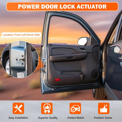 Front Left Driver Side Door Lock Actuator For 2007 To 2014 Chevy Silverado Suburban Avalanche Tahoe GMC Sierra Yukon XL Cadillac Escalade ESV EXT Replacement, driver door close-up