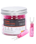 Pro Grade 100 Piece Heat Shrink Spade Fork Wire Connectors Kit For 22-16 Gauge, Red Tinned Copper, shown in clear jar packaging
