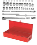 43-Piece 3/4 Inch Drive Socket Set With Ratchets, Extensions, Adapters, Sockets, Tools in red metal case