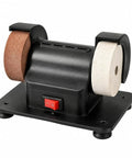 Compact Dual Disc Mini Bench Grinder With Pure Copper Motor scrapes rust and hones edges, featuring dual wheels and rocker switch.