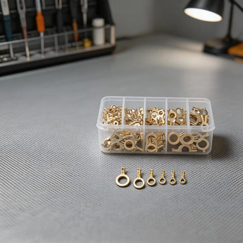 Top Grade 150 Pcs Brass Ring Cable Lug Terminal Kit With M3 To M10 Sizes For Solid Bare Copper Wire Crimping And Easy Home Auto Wiring Projects Inside Neat Clear Storage Box on desk