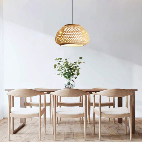 Handmade Flush Mount Ceiling Light With Retro Bamboo Dome Shade, Woven Hanging Lamp above dining table, warm ambience.