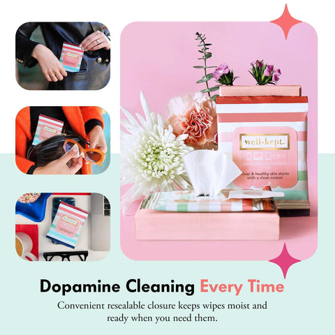 Tech And Lens Wipes For Eyeglasses Screens And Phones On The Go Streak Free Lint Free Pre Moistened Multi Surface Cleaner Non Scratching Grab And Go Pack Of 90 Wipes In A 6 Pack For Daily Cleanup with floral decor.