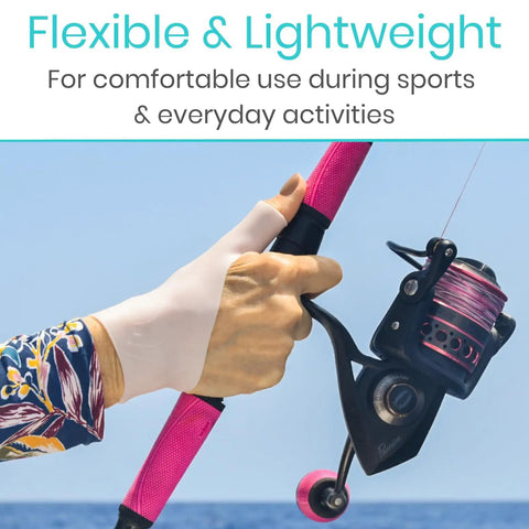 Person fishing wearing Gel Thumb And Wrist Support Brace For Pain Relief And Swelling Waterproof Cool Wrap.