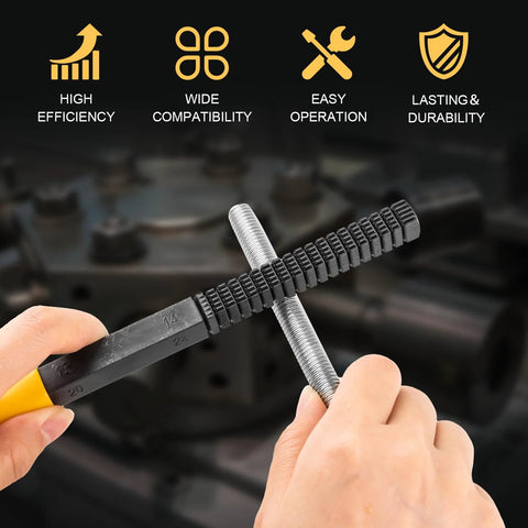 Three-piece thread repair file set for SAE and metric threads; black files with yellow handle