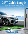 Portable Level One And Two EV Charger With 16 Amp Muscle And A Tough 21 Foot Cord Made For Every J1772 Electric Model Just Plug And Play Into Any Wall Outlet For Low Stress Fast Charging That Slaps Some Range In Your Car Effortlessly, showing 21ft cable length in use.