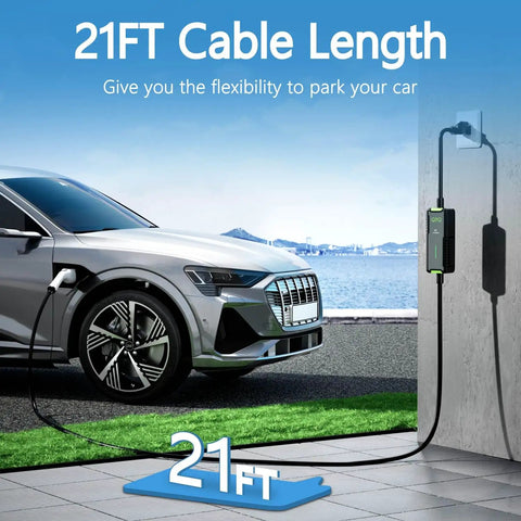 Portable Level One And Two EV Charger With 16 Amp Muscle And A Tough 21 Foot Cord Made For Every J1772 Electric Model Just Plug And Play Into Any Wall Outlet For Low Stress Fast Charging That Slaps Some Range In Your Car Effortlessly, showing 21ft cable length in use.