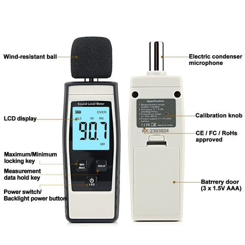 Portable Decibel Meter With 30 To 130 dB Range, Easy To Read SPL Meter For Home Studio, Office Or On The Go, Digital Noise Meter With Battery Included, Real Time Sound Monitoring For Noise Control And Compliance, front and back view with LCD display