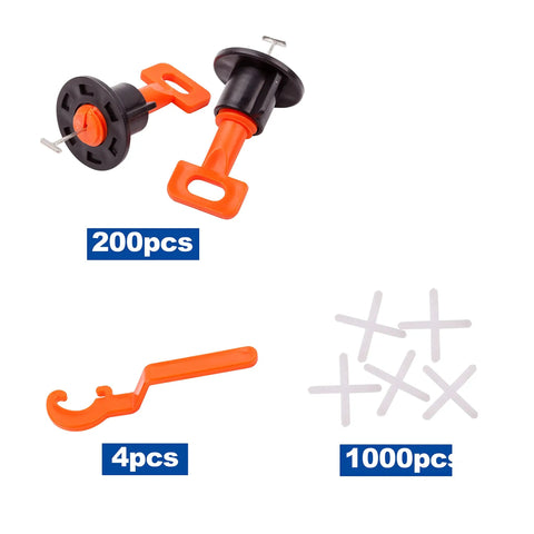 Professional Tile Leveling System Kit With 200 Tile Levelers, 4 Handy Wrenches, and 1000 2mm Spacers for DIY Tiling Projects.