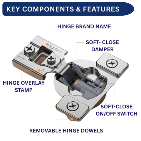 Close-up of Heavy Duty Soft Close Cabinet Hinges 30 Pack Face Frame Half Inch Partial Overlay showing soft-close damper features.