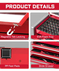 106 Piece Impact Screwdriver Bit Set With Three Drawer Steel Toolbox showing magnetic locking, EVA foam tray, feet pads, drawers