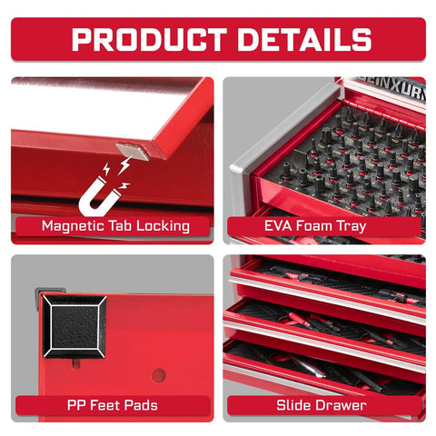 106 Piece Impact Screwdriver Bit Set With Three Drawer Steel Toolbox showing magnetic locking, EVA foam tray, feet pads, drawers