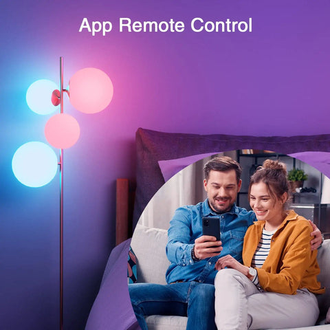 Couple using phone to control Dope Smart RGB LED Bulbs A19 E26 Dimmable Color Changing 800 Lumen Lights, warm glow, lamp display.