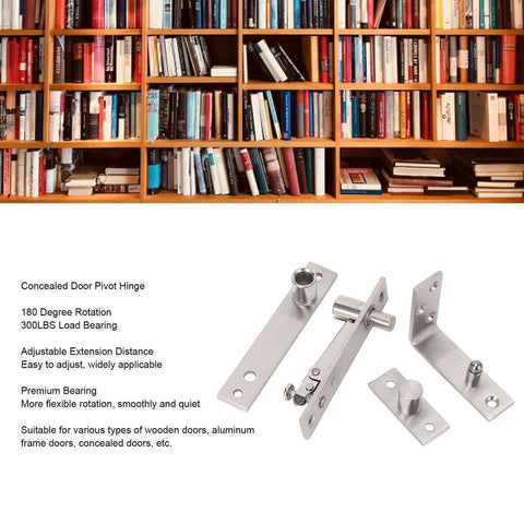 Beefy Heavy Duty Wood Door Pivot Hinge With 300 Lbs Load Bearing Stainless Steel for Secret Doors and Bookshelves with books background