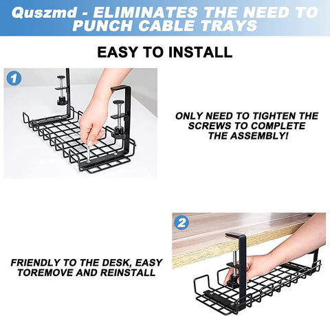 No Drill Under Desk Cable Management Rack Clip On 25 Inch Organizer with hand clamp installation on desk.