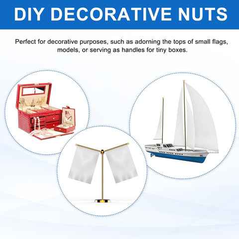 DIY decorative nuts shown with model sailboat, flags, and jewelry box, highlighting uses for adorning small models and decorative purposes.