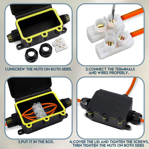 Outdoor Waterproof Electrical Junction Box IP68 3-Way Cable Connector For 5 to 12mm And 3.5 to 10mm Wires, 20A Terminal Block, Built To Last Rugged Weatherproof Box For Outdoor Installations, with terminal blocks and wire entry