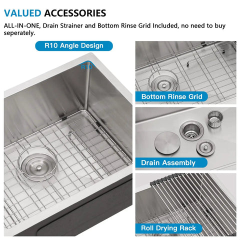 23 Inch Undermount Bar Sink Single Bowl 16 Gauge 304 Stainless Steel For Kitchen RV Wet Bar Prep with accessories shown
